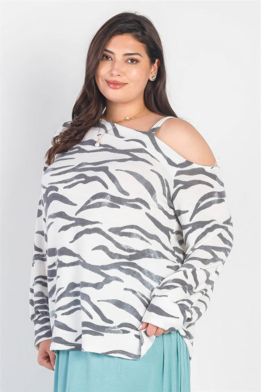 Plus White & Charcoal Zebra Flannel Cold Shoulder Long Sleeve Top - ThingsWeUseAndLove 