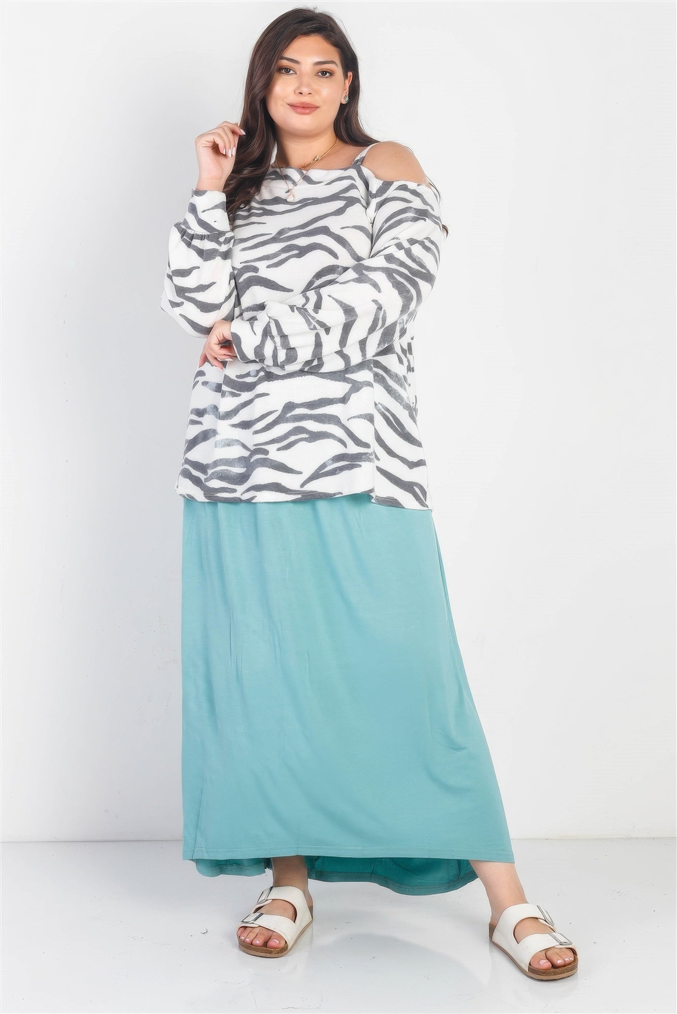 Plus White & Charcoal Zebra Flannel Cold Shoulder Long Sleeve Top - ThingsWeUseAndLove 