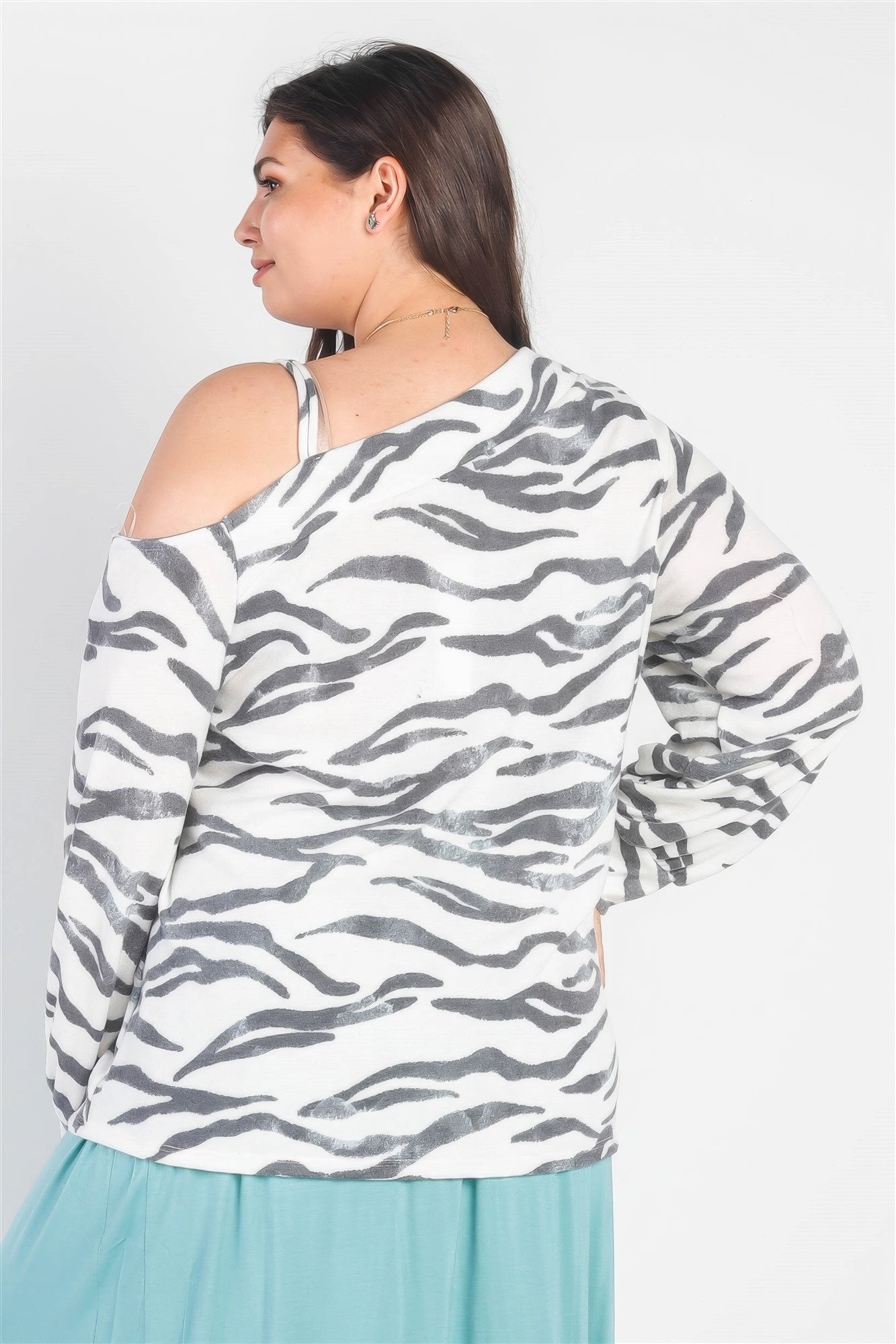 Plus White & Charcoal Zebra Flannel Cold Shoulder Long Sleeve Top - ThingsWeUseAndLove 