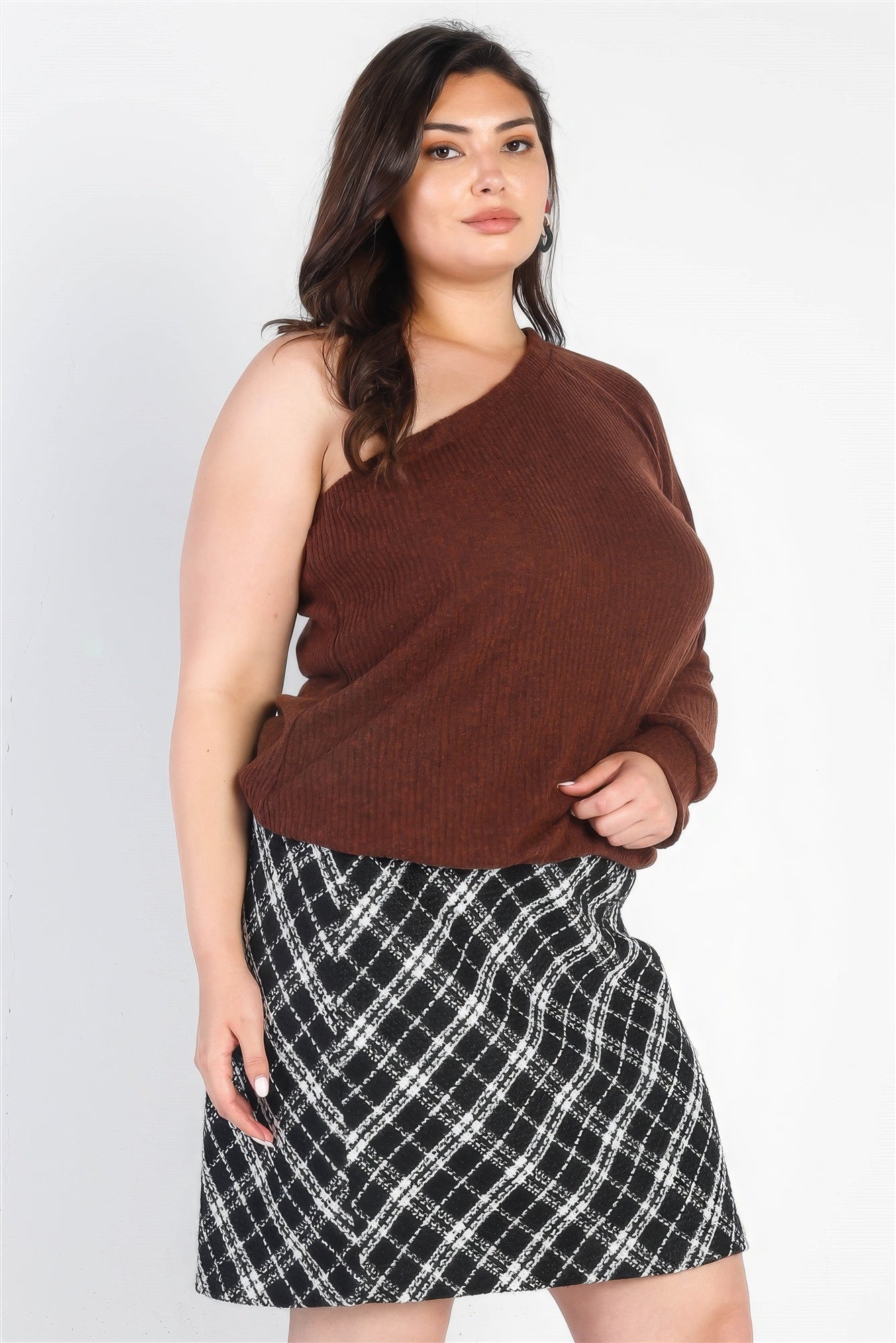 Plus Brown Ribbed Textured One Shoulder Top - ThingsWeUseAndLove 