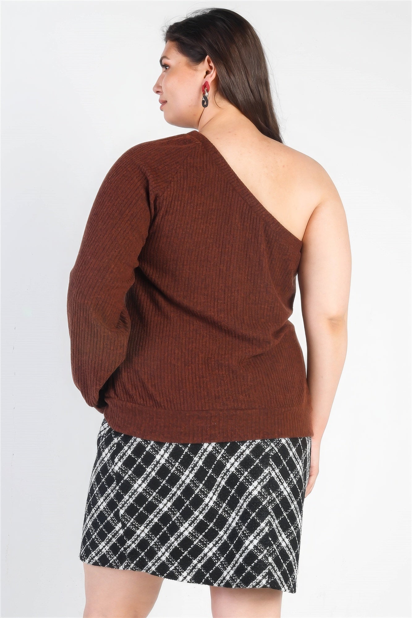 Plus Brown Ribbed Textured One Shoulder Top - ThingsWeUseAndLove 