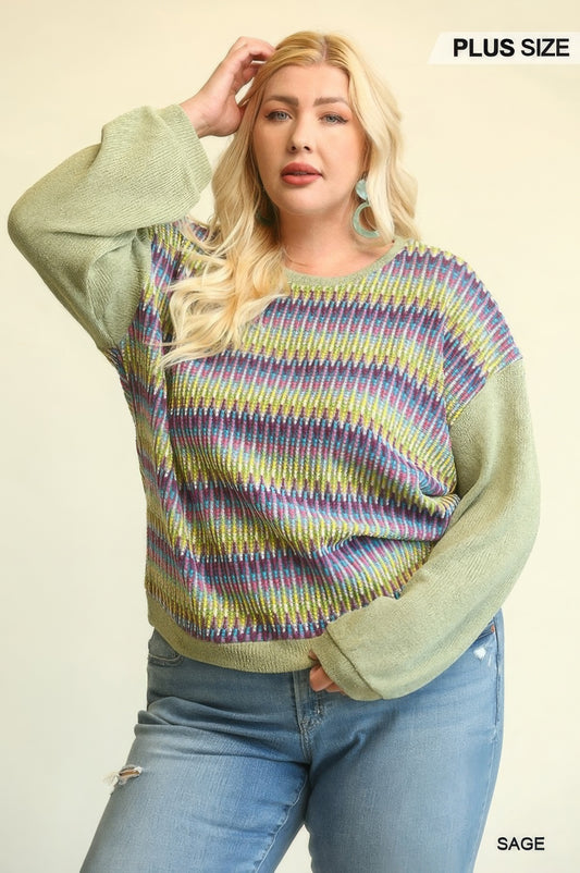 Novelty Knit And Solid Knit Mixed Loose Top With Drop Down Shoulder - ThingsWeUseAndLove 