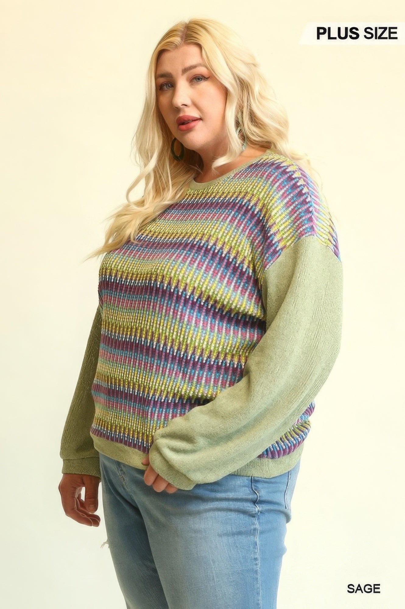 Novelty Knit And Solid Knit Mixed Loose Top With Drop Down Shoulder - ThingsWeUseAndLove 