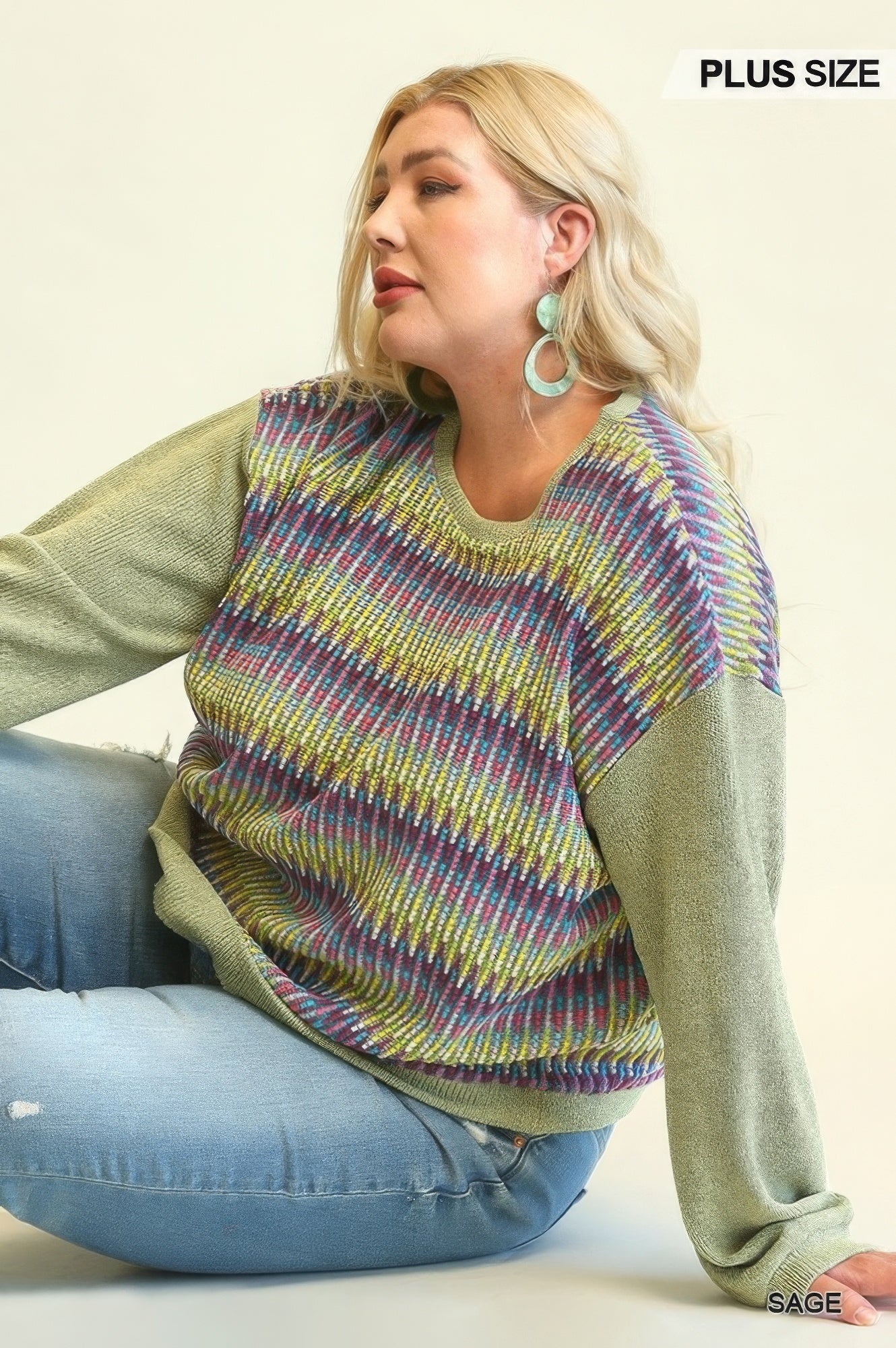 Novelty Knit And Solid Knit Mixed Loose Top With Drop Down Shoulder - ThingsWeUseAndLove 