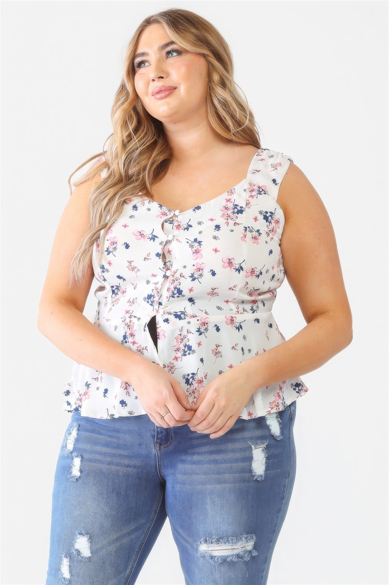 Plus Floral Button-up Sleeveless Flare Hem Top - ThingsWeUseAndLove 