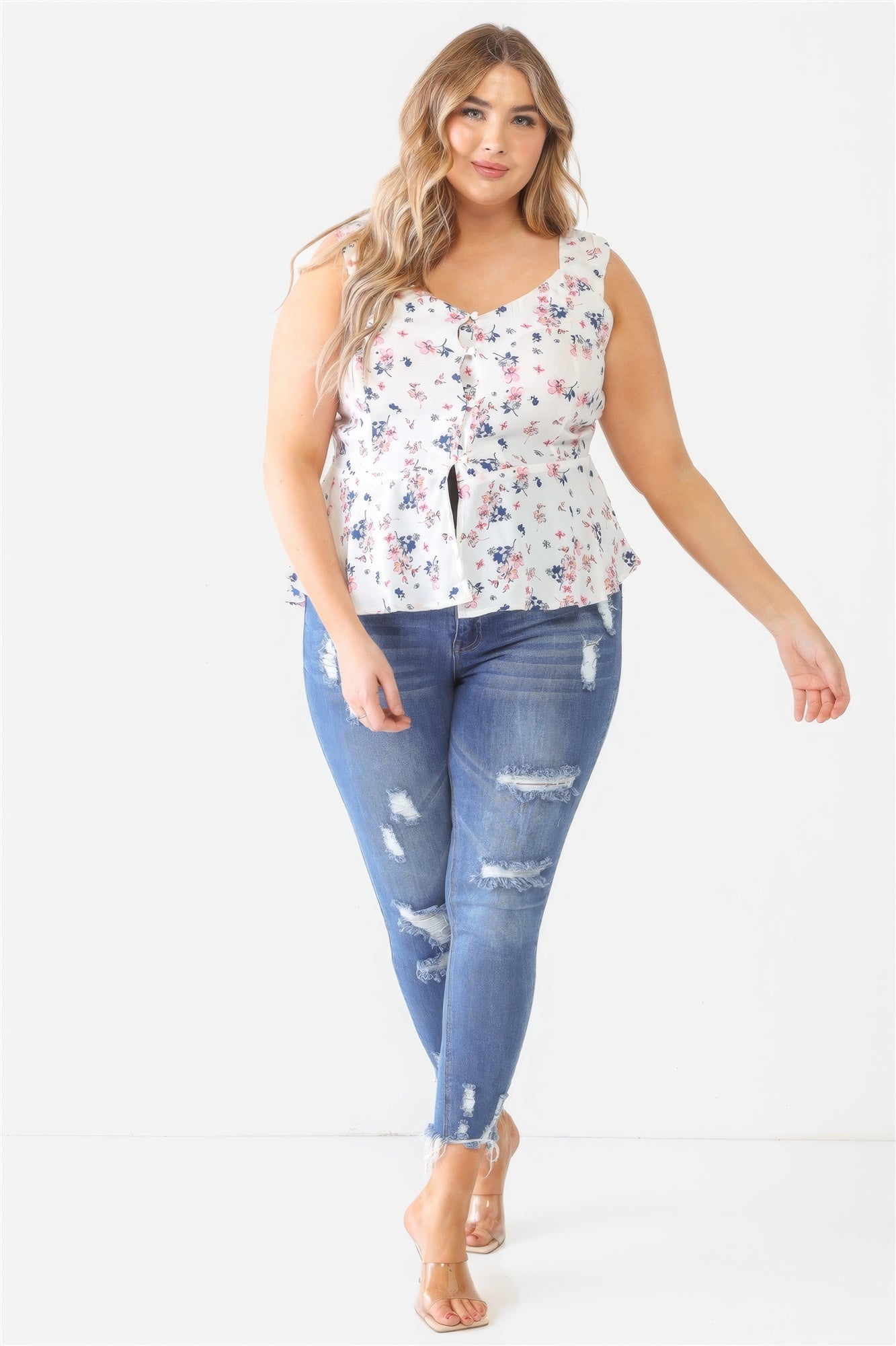 Plus Floral Button-up Sleeveless Flare Hem Top - ThingsWeUseAndLove 