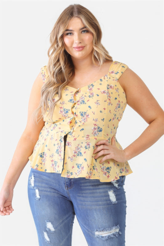 Plus Floral Button-up Sleeveless Flare Hem Top - ThingsWeUseAndLove 