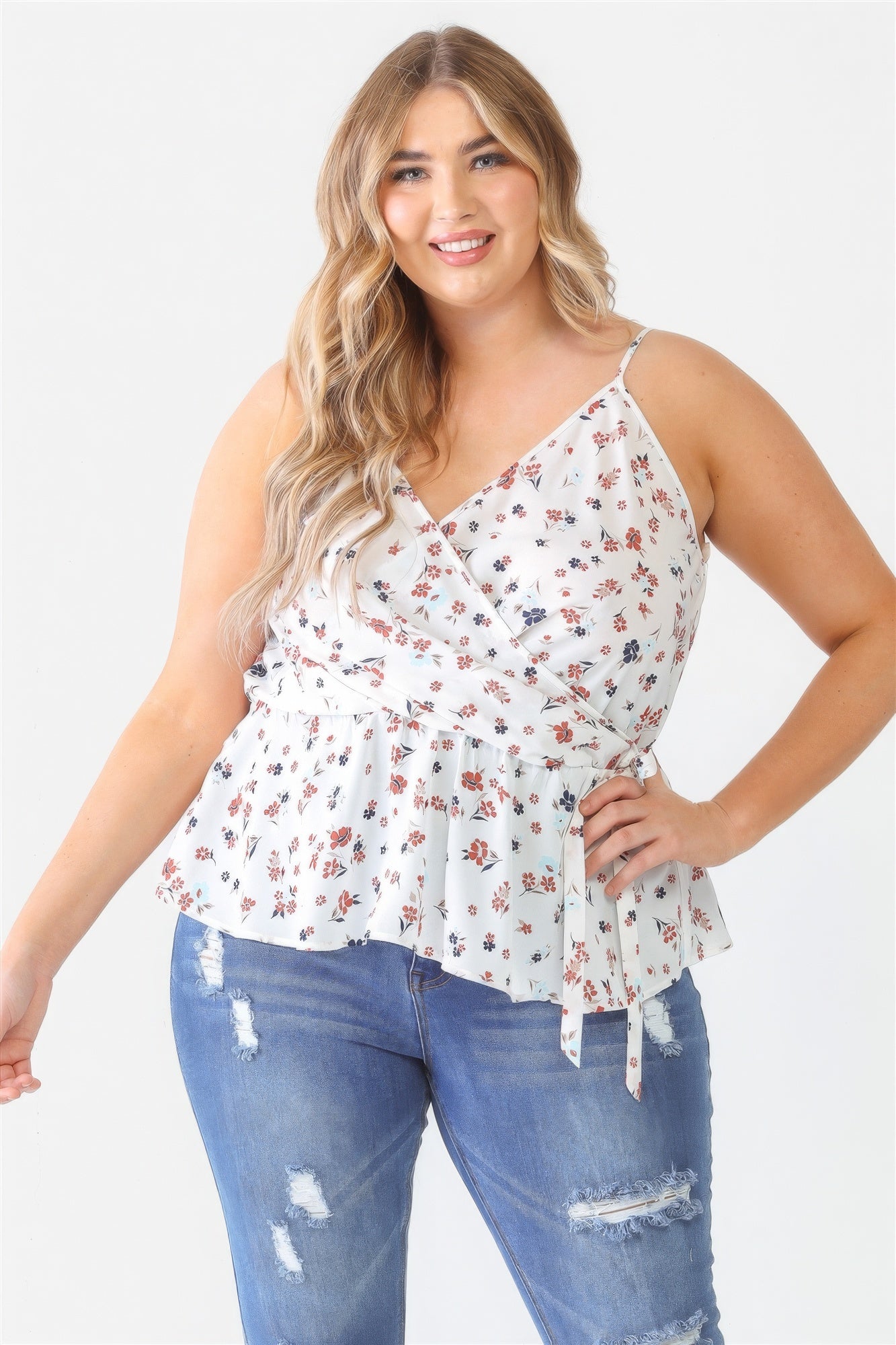 Plus Floral Sleeveless Wrap Neck Flare Hem Top - ThingsWeUseAndLove 