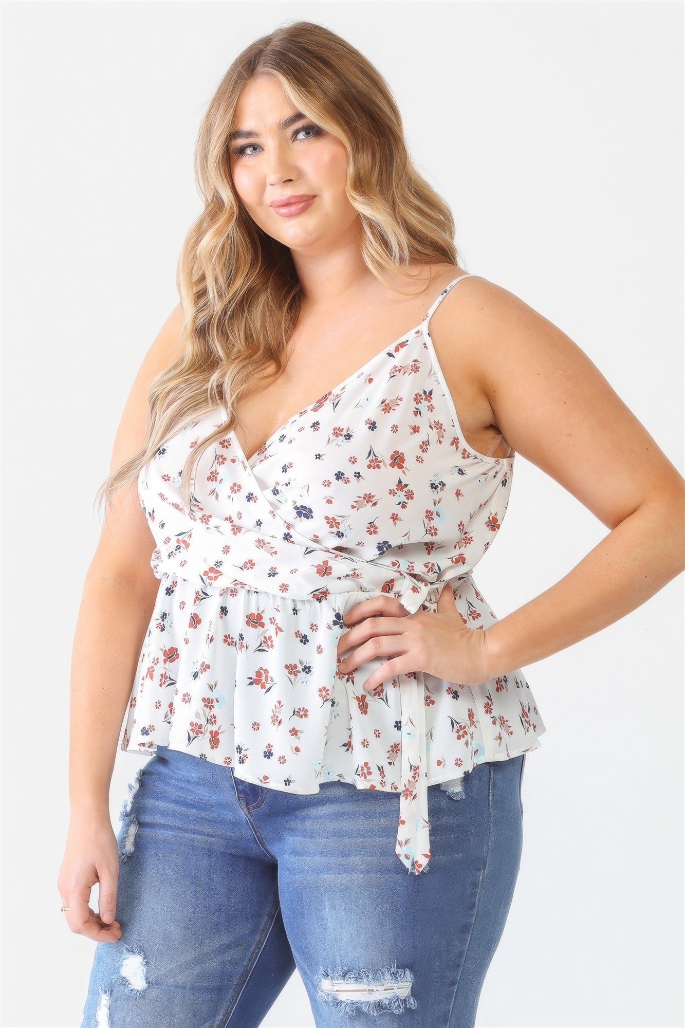 Plus Floral Sleeveless Wrap Neck Flare Hem Top - ThingsWeUseAndLove 