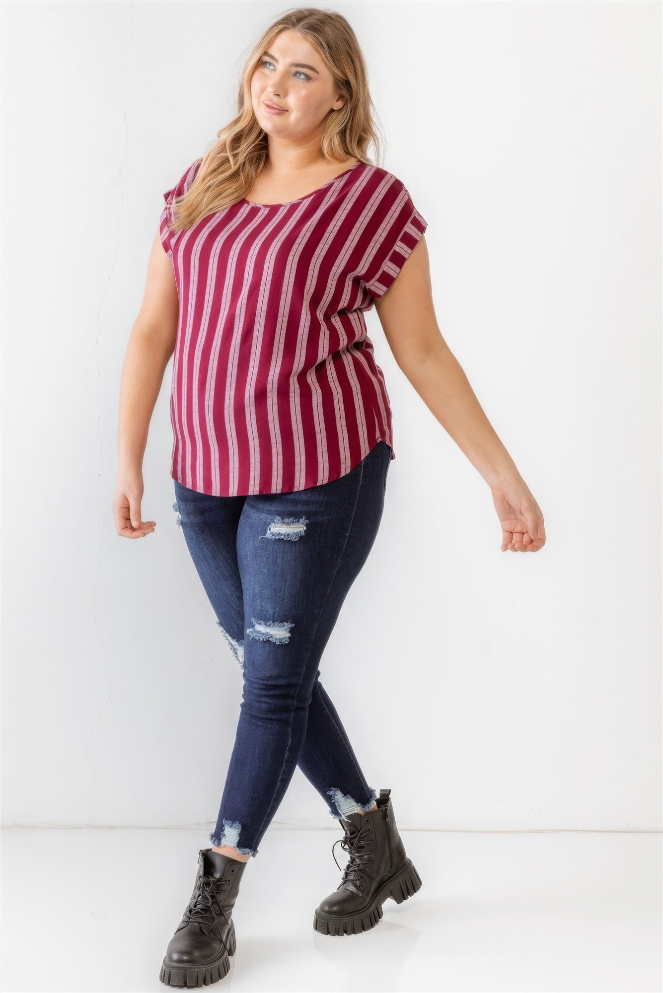 Plus Striped Short Sleeve Relax Top - ThingsWeUseAndLove 