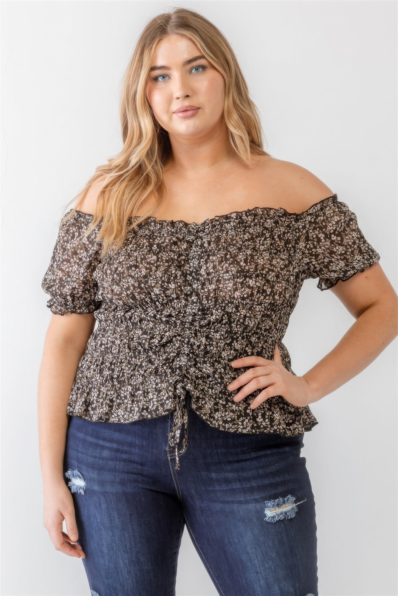 Plus Floral Chiffon Ruched Smocked Off-the-shoulder Top - ThingsWeUseAndLove 