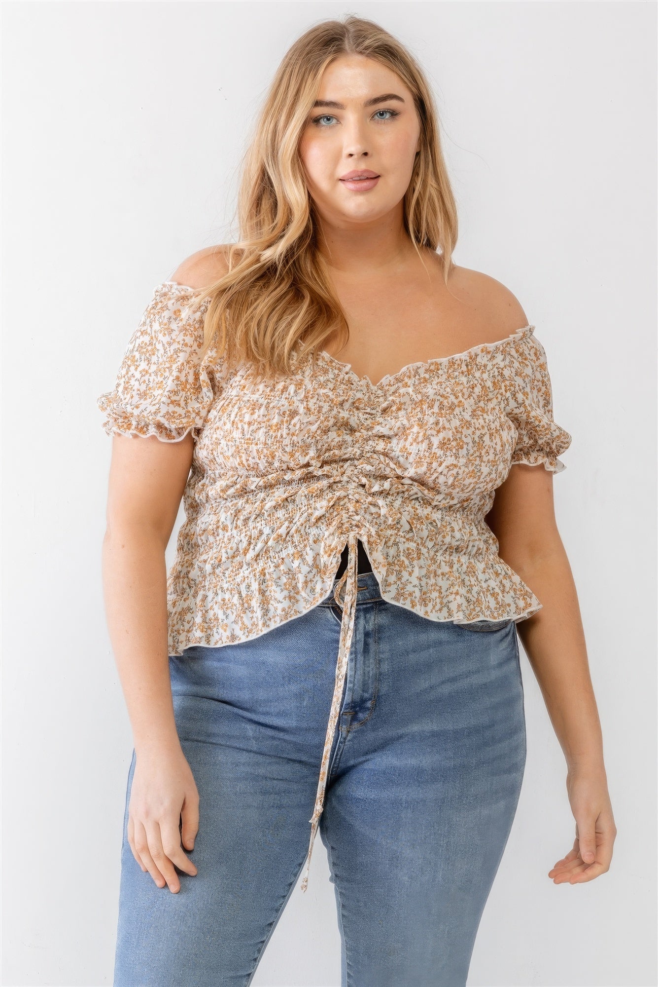 Plus Floral Chiffon Ruched Smocked Off-the-shoulder Top - ThingsWeUseAndLove 