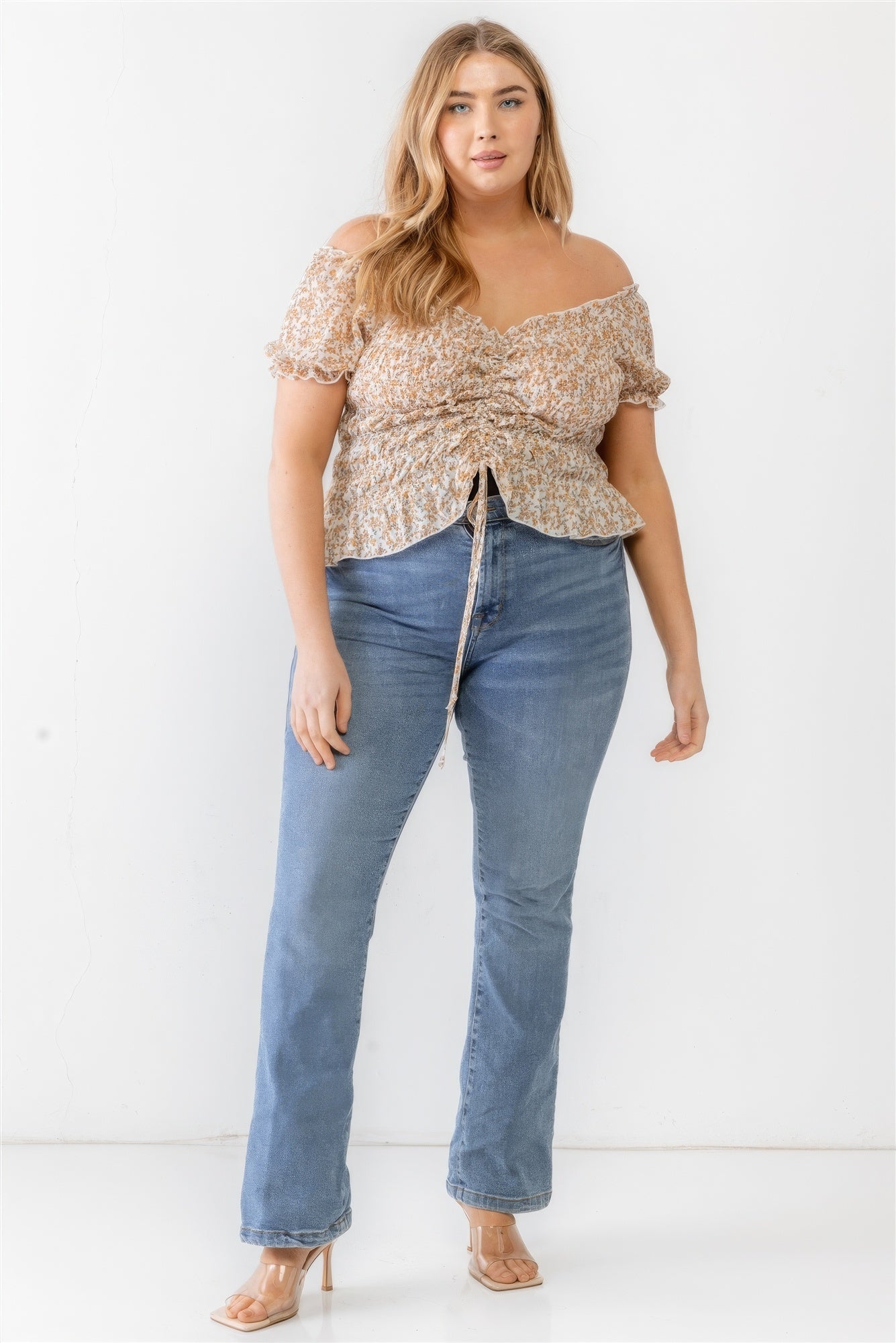 Plus Floral Chiffon Ruched Smocked Off-the-shoulder Top - ThingsWeUseAndLove 