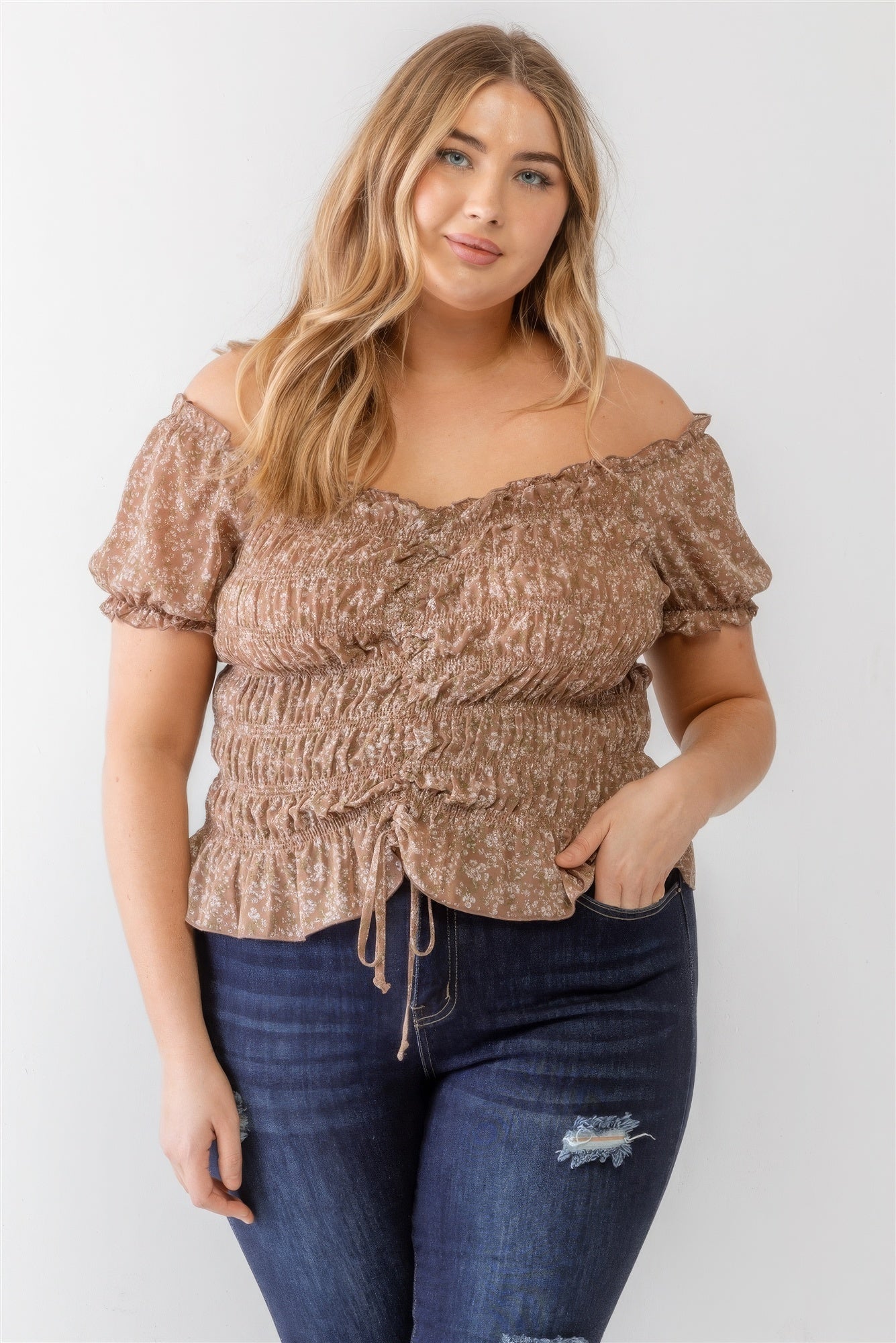 Plus Floral Chiffon Ruched Smocked Off-the-shoulder Top - ThingsWeUseAndLove 