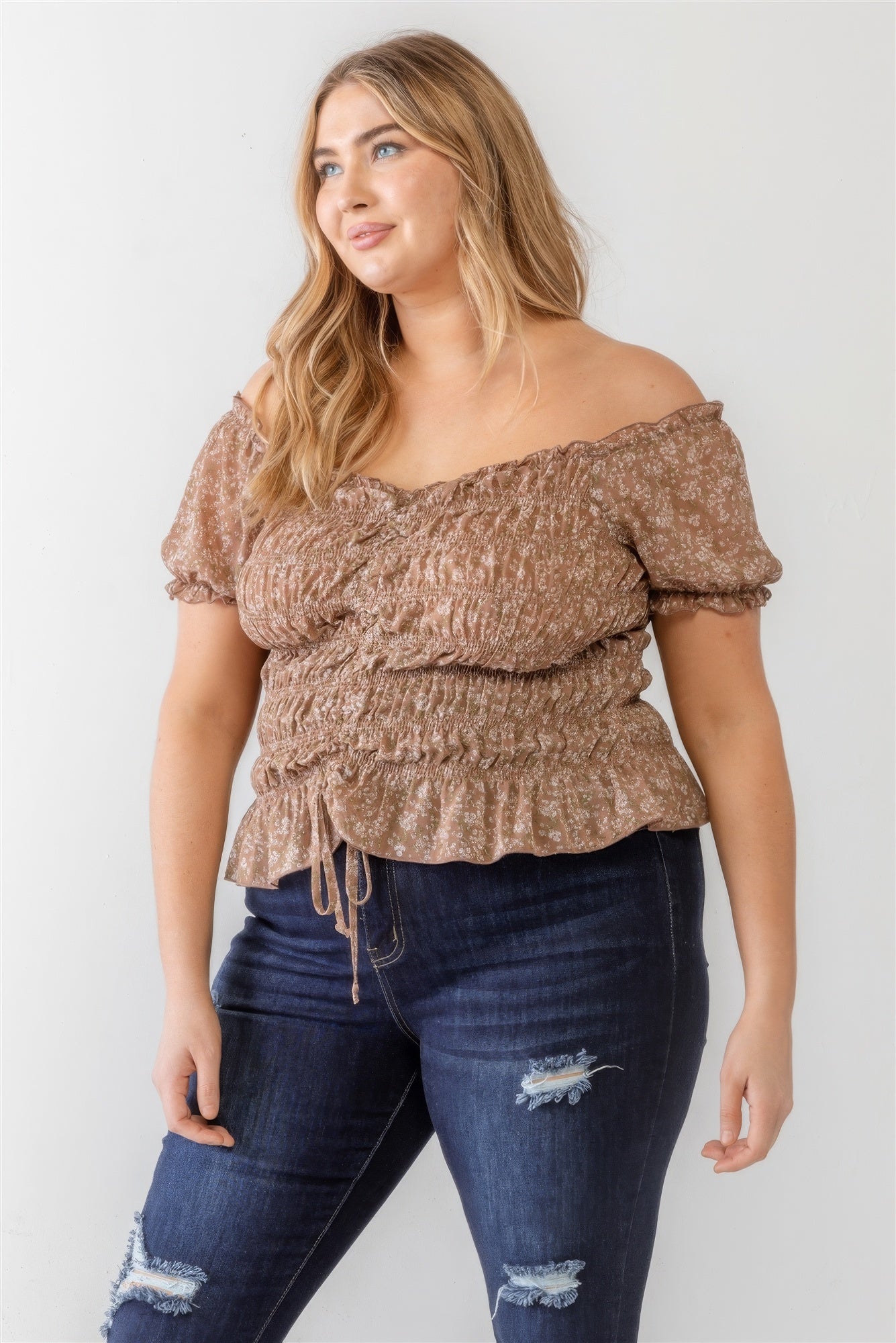 Plus Floral Chiffon Ruched Smocked Off-the-shoulder Top - ThingsWeUseAndLove 