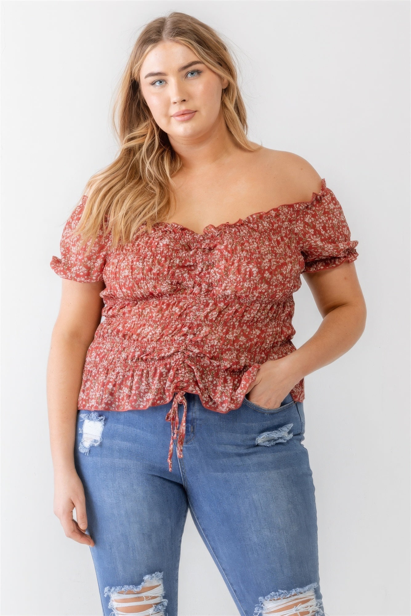 Plus Floral Chiffon Ruched Smocked Off-the-shoulder Top - ThingsWeUseAndLove 