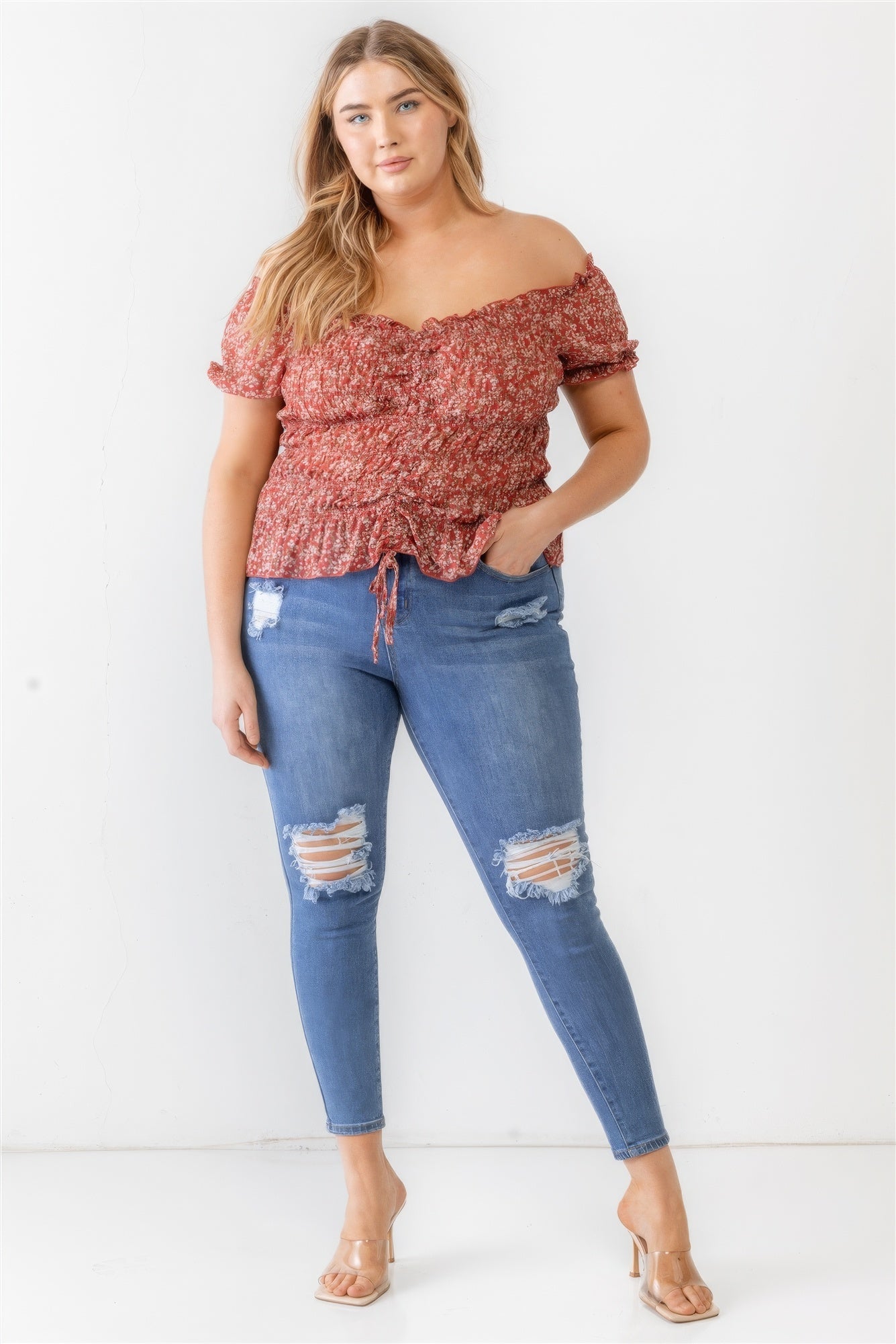 Plus Floral Chiffon Ruched Smocked Off-the-shoulder Top - ThingsWeUseAndLove 