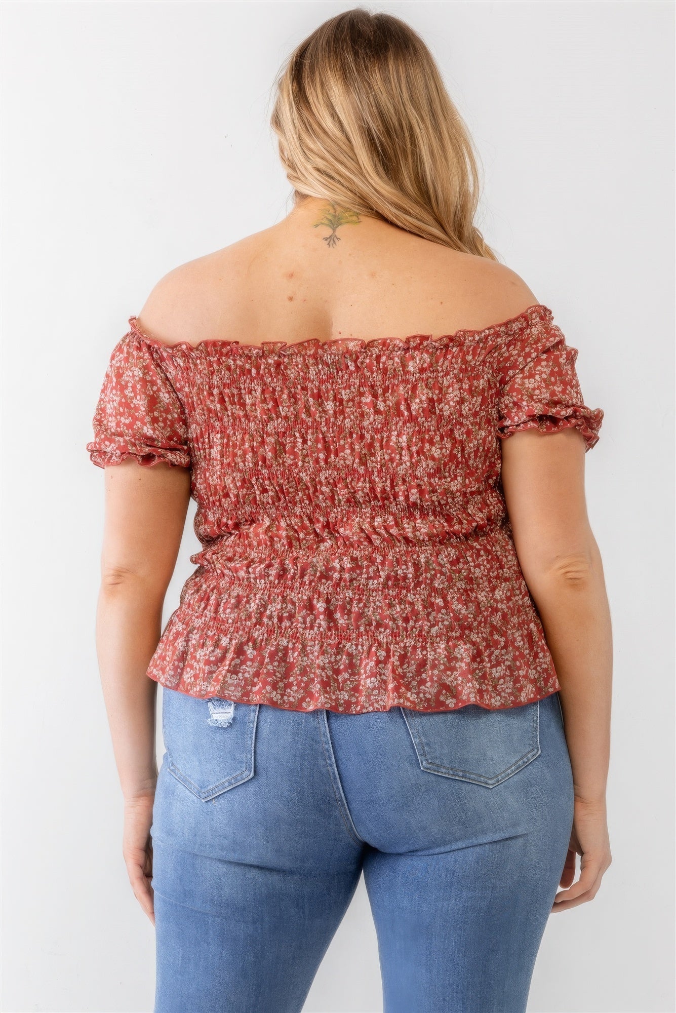 Plus Floral Chiffon Ruched Smocked Off-the-shoulder Top - ThingsWeUseAndLove 