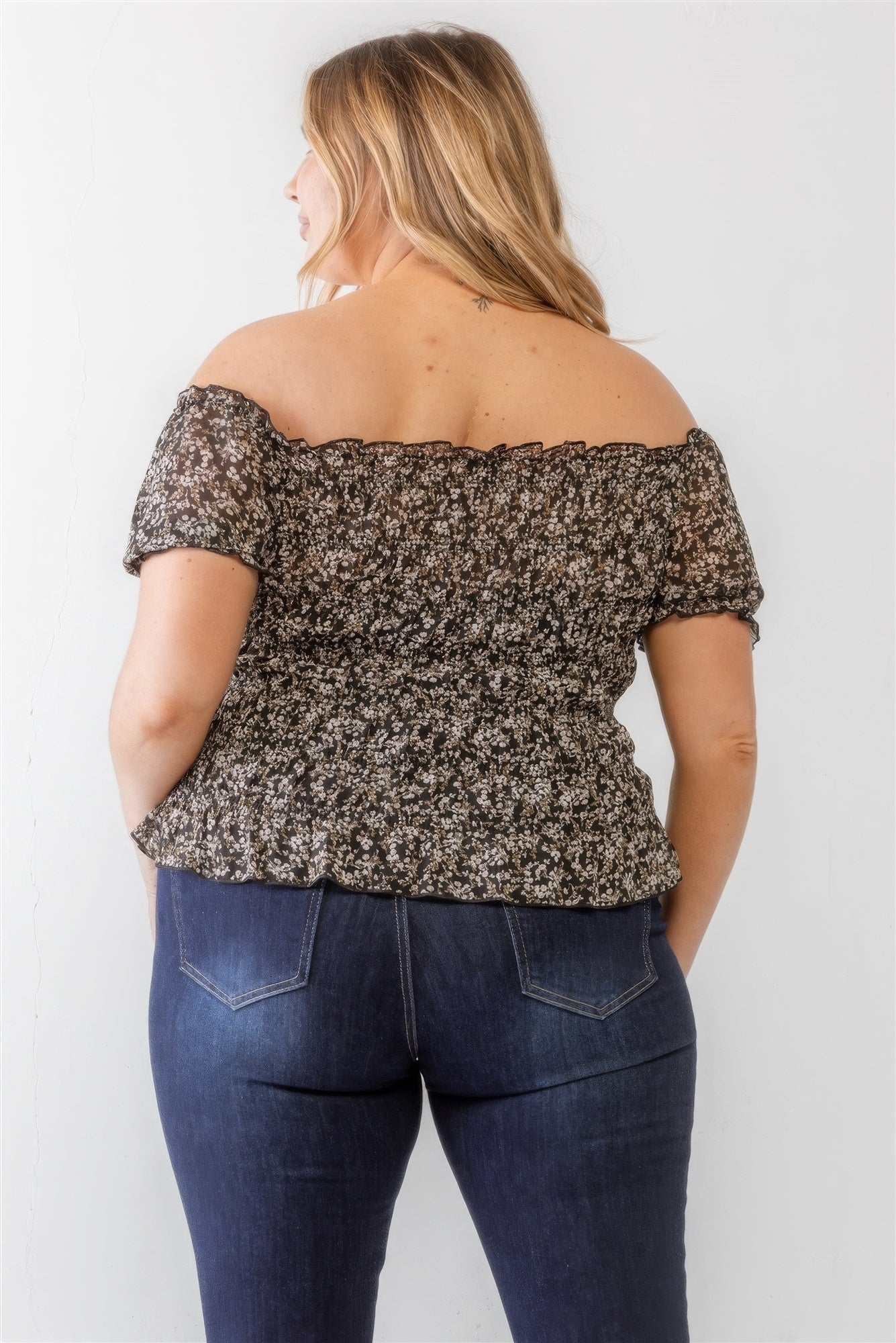 Plus Floral Chiffon Ruched Smocked Off-the-shoulder Top - ThingsWeUseAndLove 