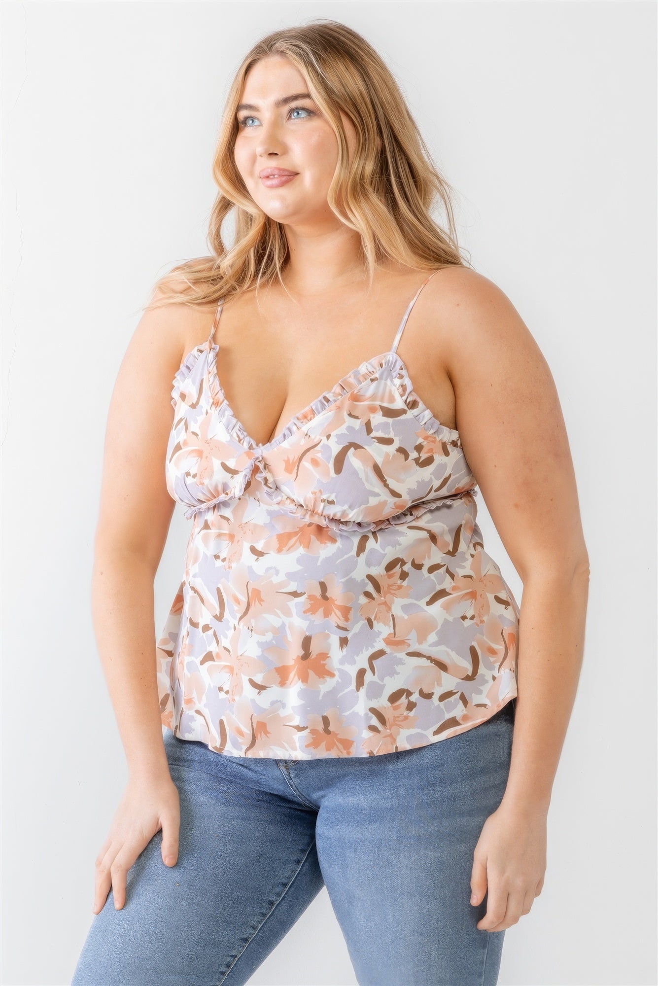 Plus Floral Print Woven Ruffle Sleeveless Back Zipper Tank Top - ThingsWeUseAndLove 