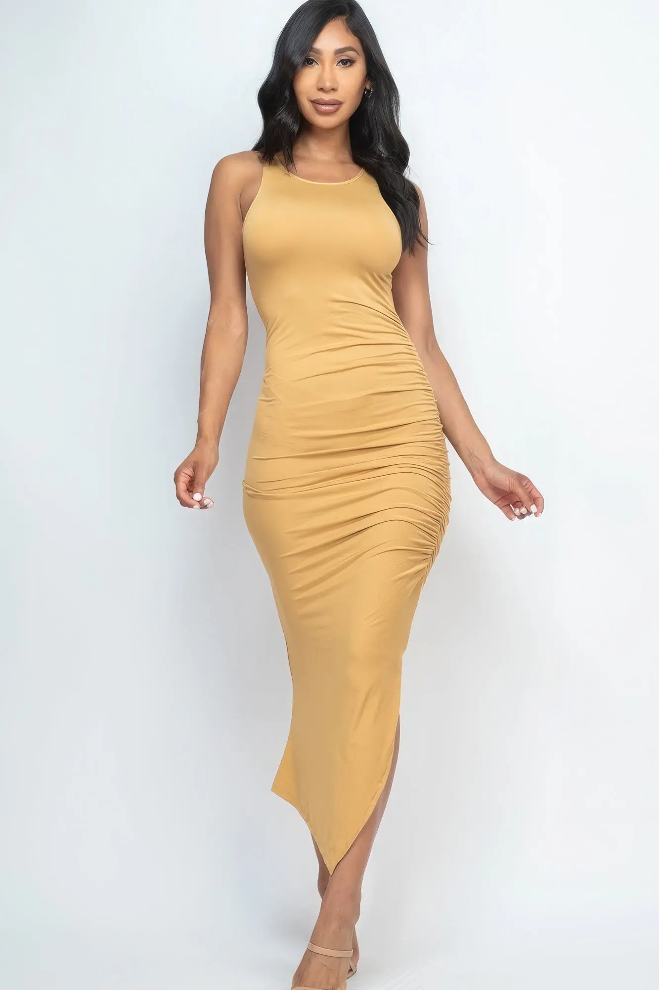 Sleeveless Ruched Side Split Maxi Dress - ThingsWeUseAndLove 