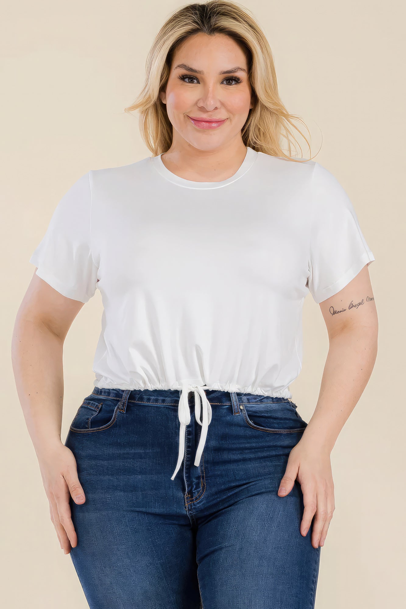 Plus Size Tie Front Drawstring Short Sleeve Crop Top - ThingsWeUseAndLove 