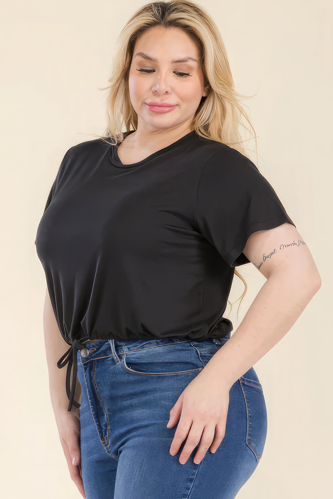 Plus Size Tie Front Drawstring Short Sleeve Crop Top - ThingsWeUseAndLove 