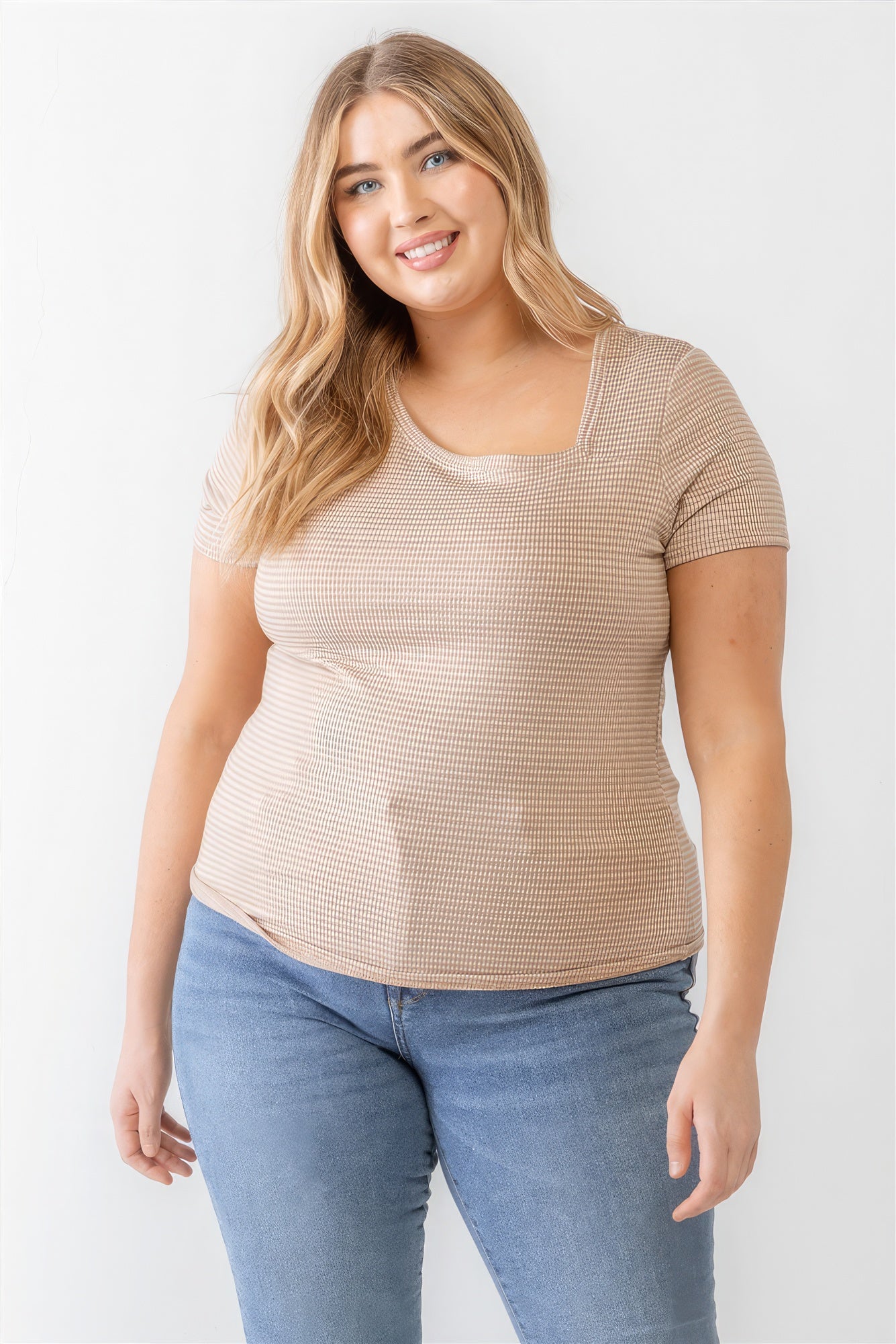 Plus Taupe Waffle Knit Angled Neck Short Sleeve Top - ThingsWeUseAndLove 