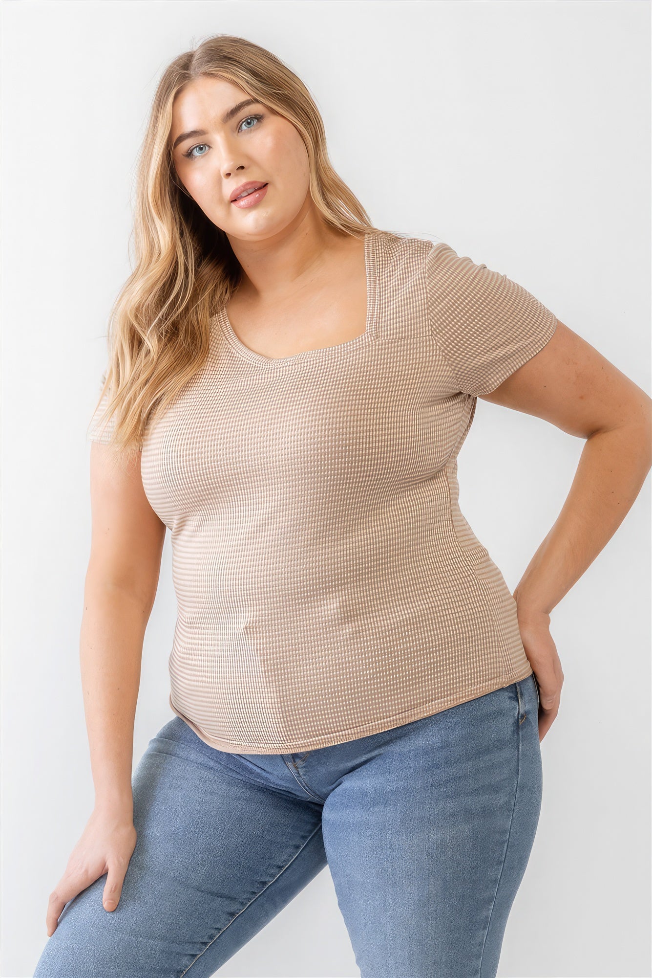 Plus Taupe Waffle Knit Angled Neck Short Sleeve Top - ThingsWeUseAndLove 