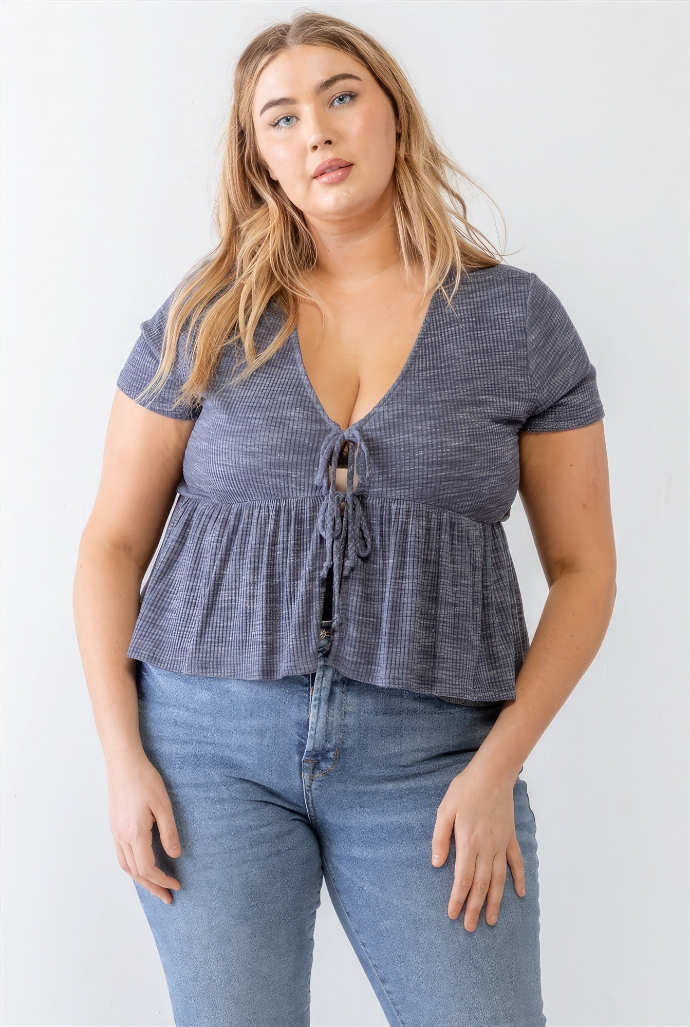 Plus Denim Blue Ribbed U-shape Neck Flare Hem Tie Top - ThingsWeUseAndLove 