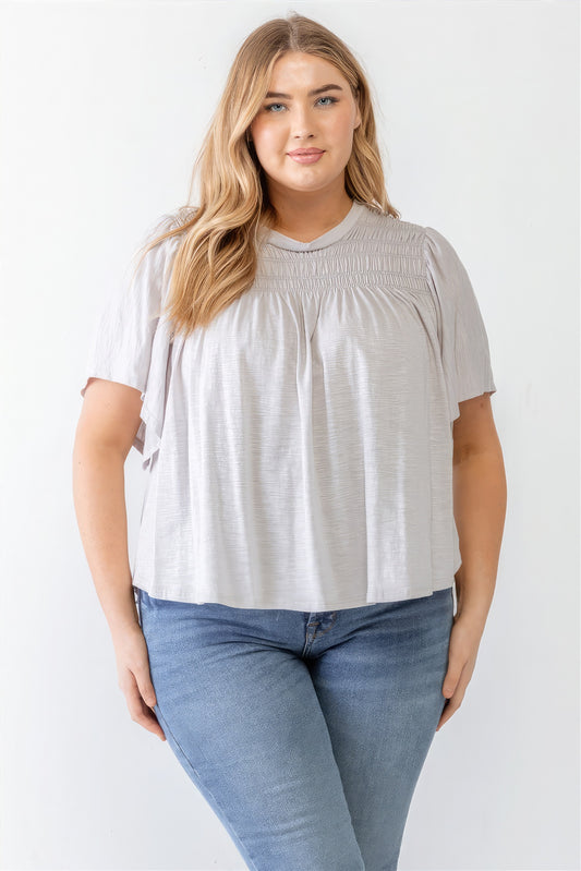 Plus Grey Cotton Blend Smoked Short Sleeve Top - ThingsWeUseAndLove 