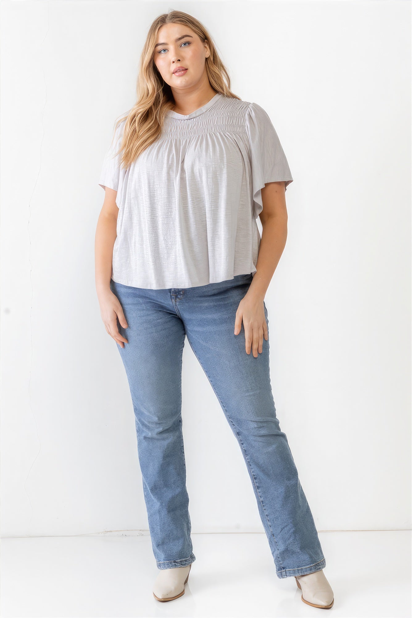 Plus Grey Cotton Blend Smoked Short Sleeve Top - ThingsWeUseAndLove 