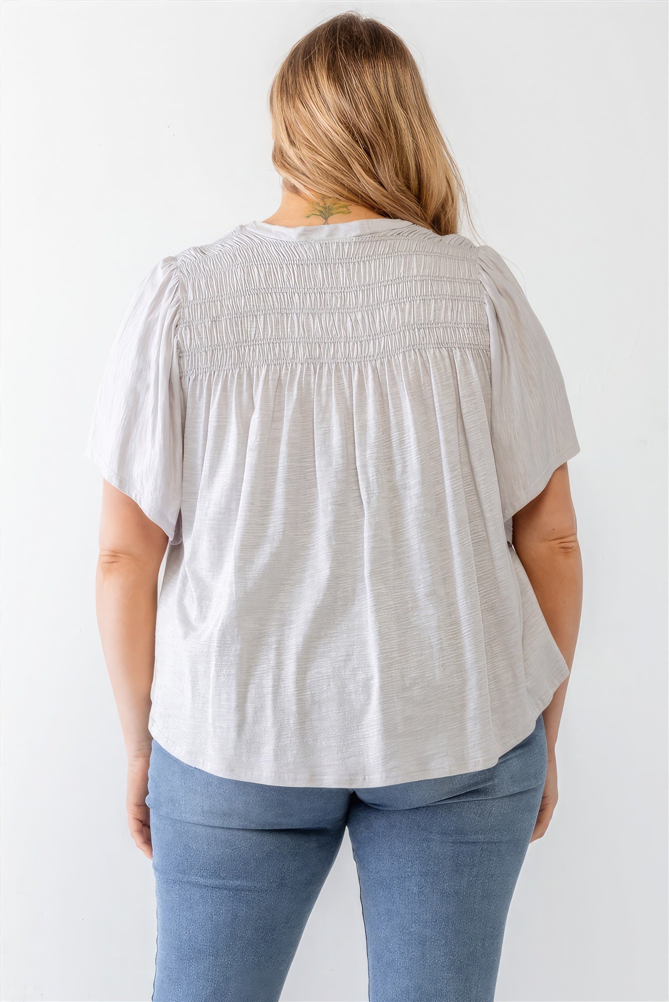 Plus Grey Cotton Blend Smoked Short Sleeve Top - ThingsWeUseAndLove 