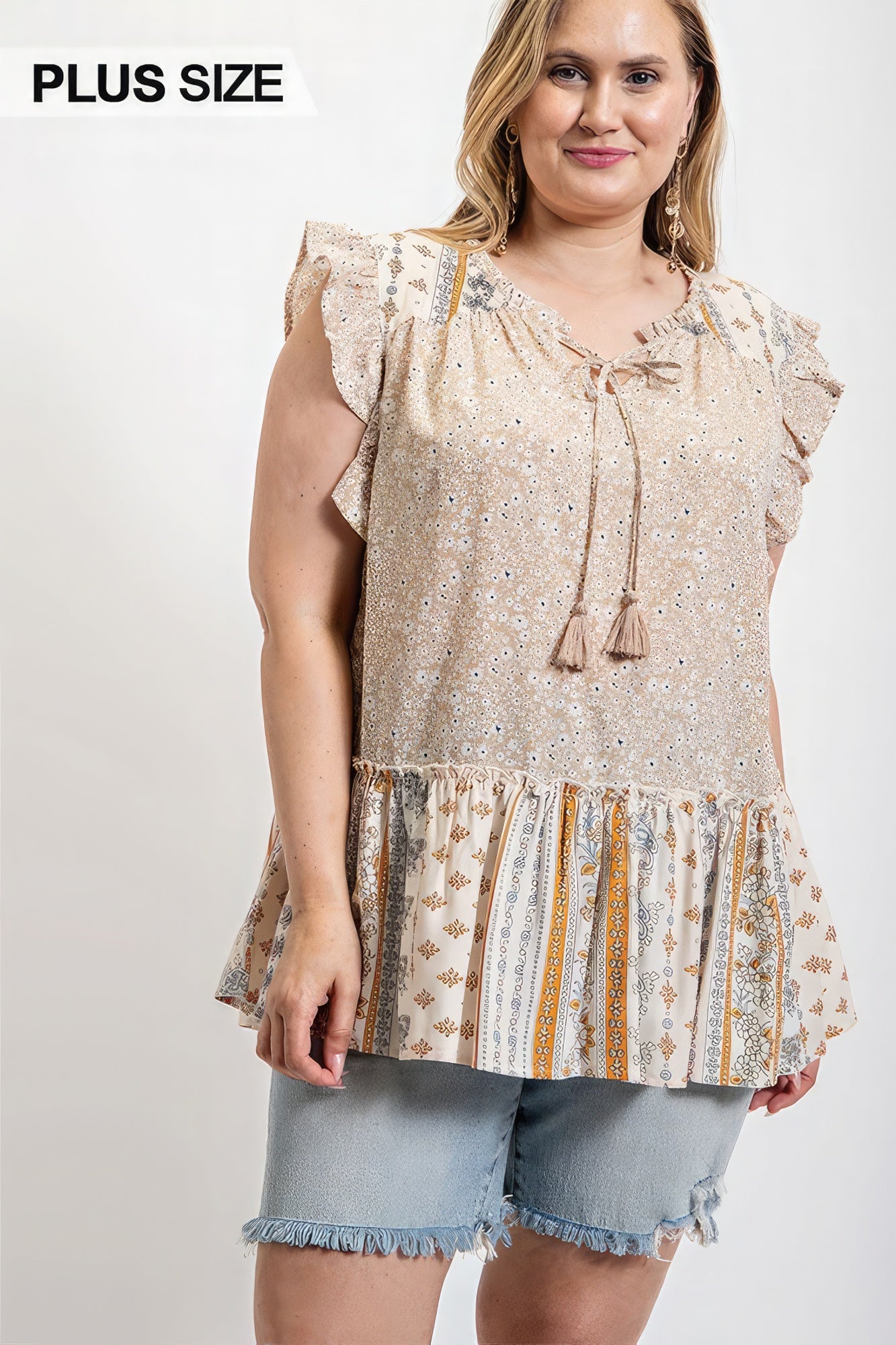 Woven Prints Mixed And Sleeveless Flutter Top With Tassel Tie - ThingsWeUseAndLove 