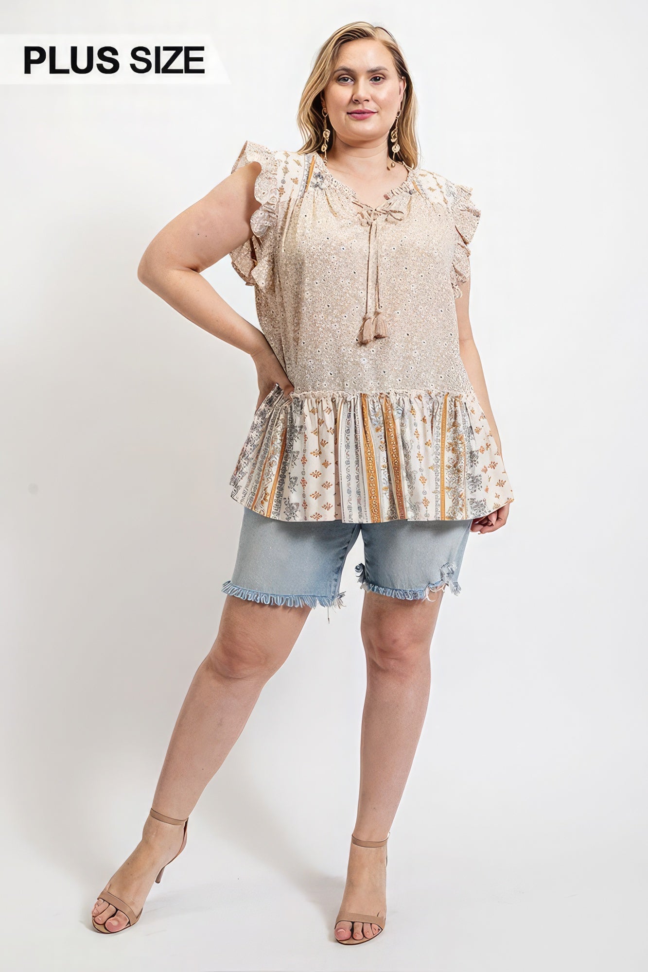 Woven Prints Mixed And Sleeveless Flutter Top With Tassel Tie - ThingsWeUseAndLove 