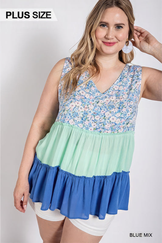 Floral Color Block Ruffle Detail Tiered V-neck Top - ThingsWeUseAndLove 