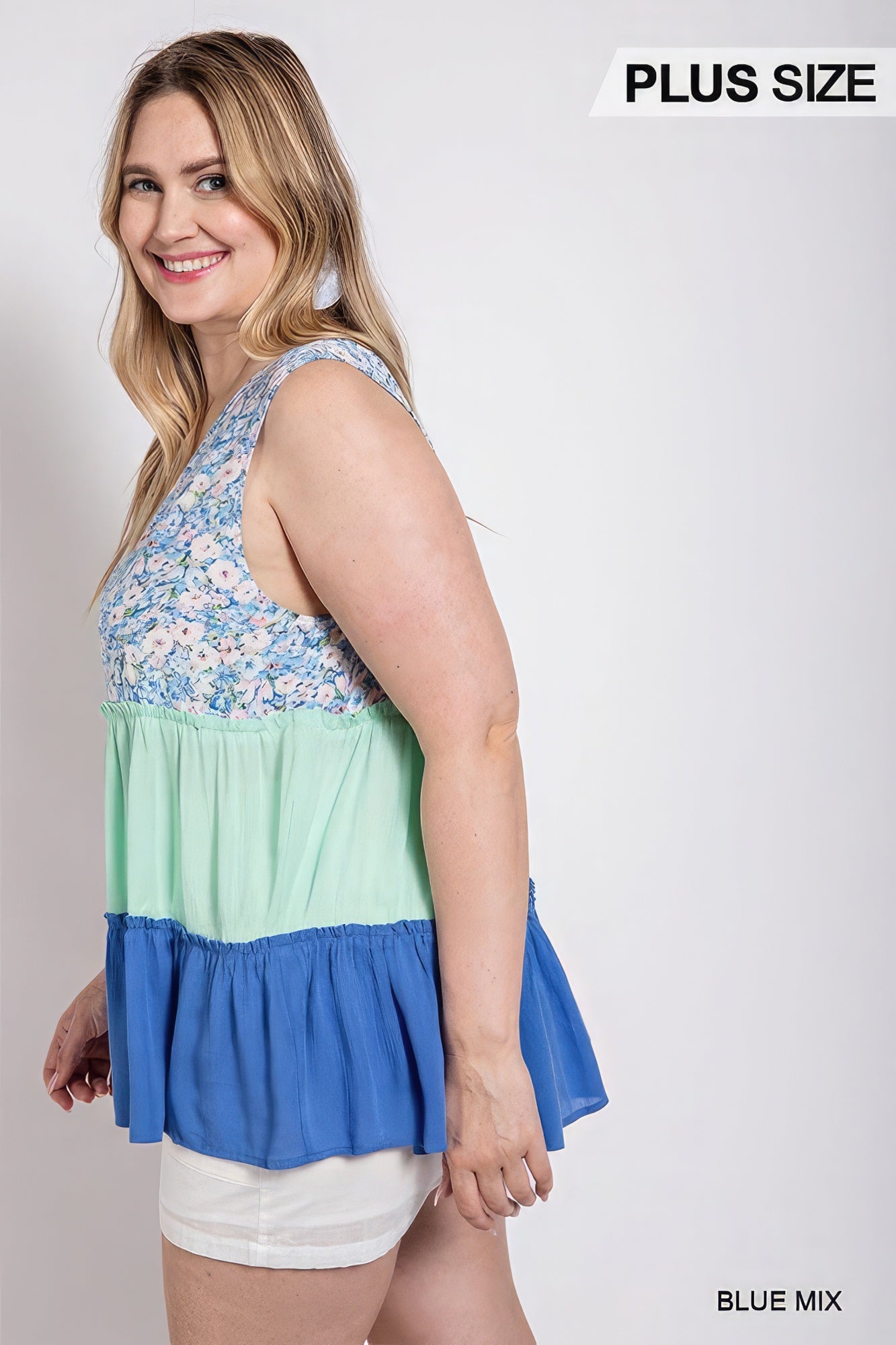 Floral Color Block Ruffle Detail Tiered V-neck Top - ThingsWeUseAndLove 