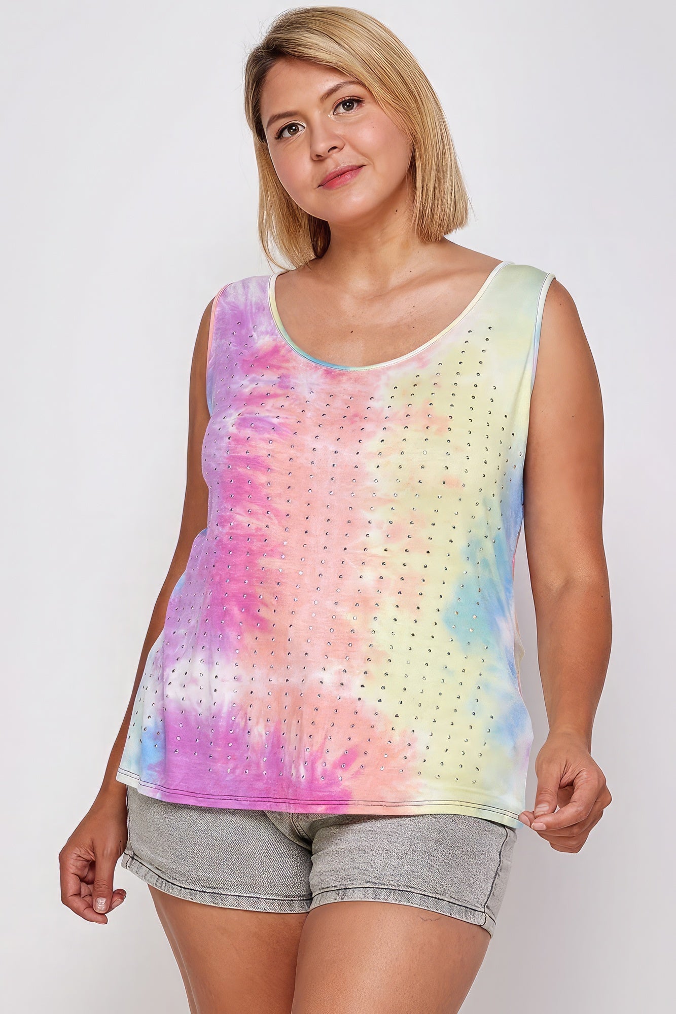 Tie Dye Tank With Studded Detail, Loose Fit, Easy Casual Wear - ThingsWeUseAndLove 