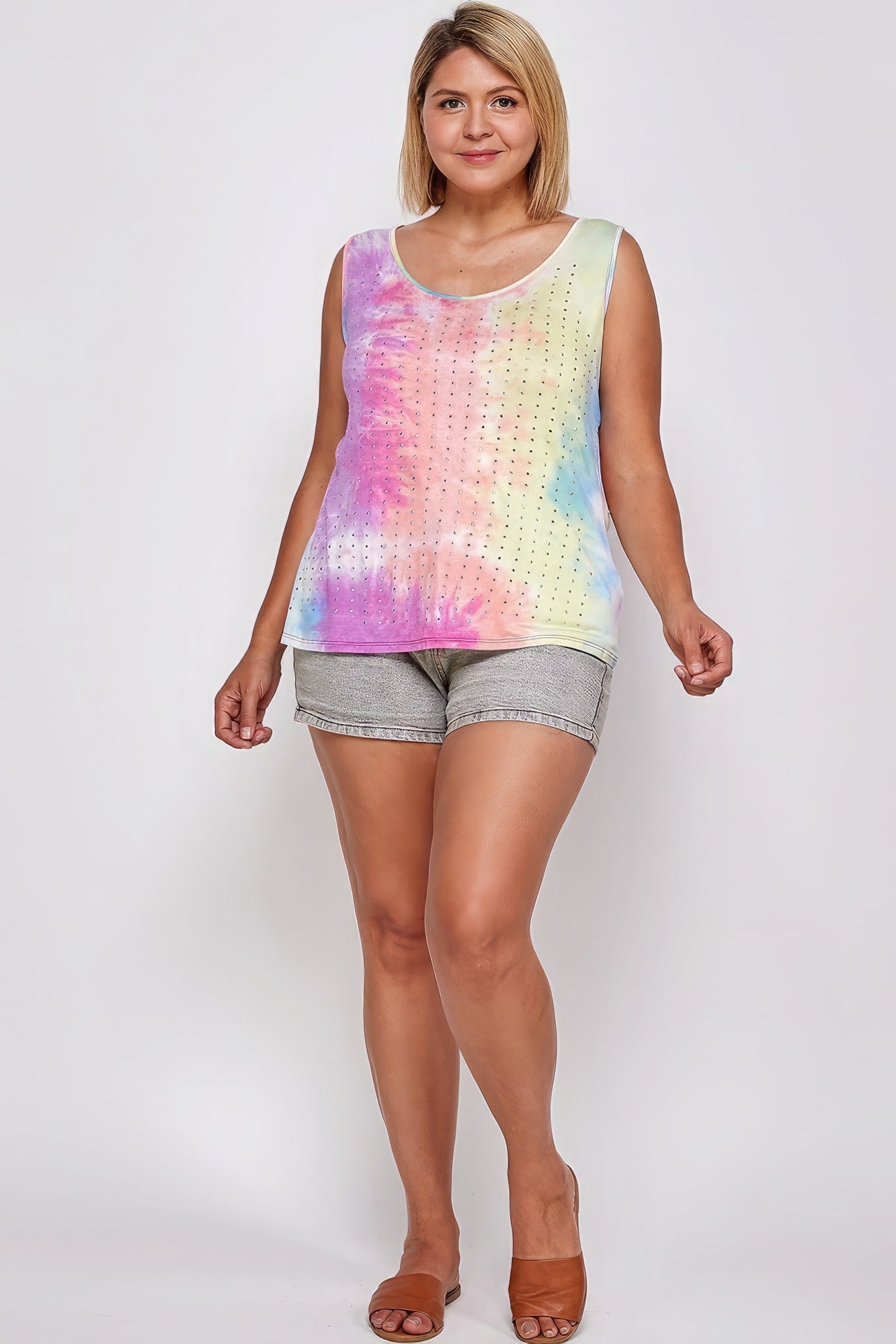 Tie Dye Tank With Studded Detail, Loose Fit, Easy Casual Wear - ThingsWeUseAndLove 