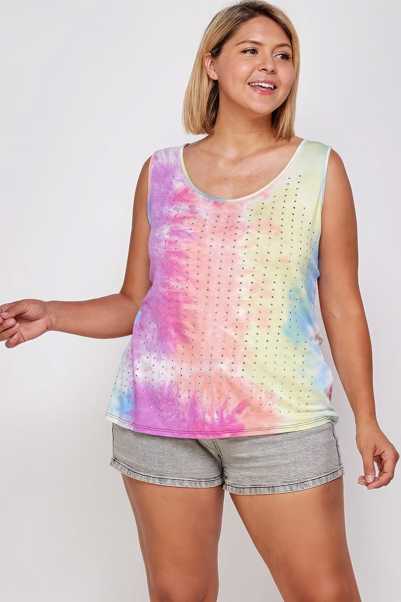 Tie Dye Tank With Studded Detail, Loose Fit, Easy Casual Wear - ThingsWeUseAndLove 