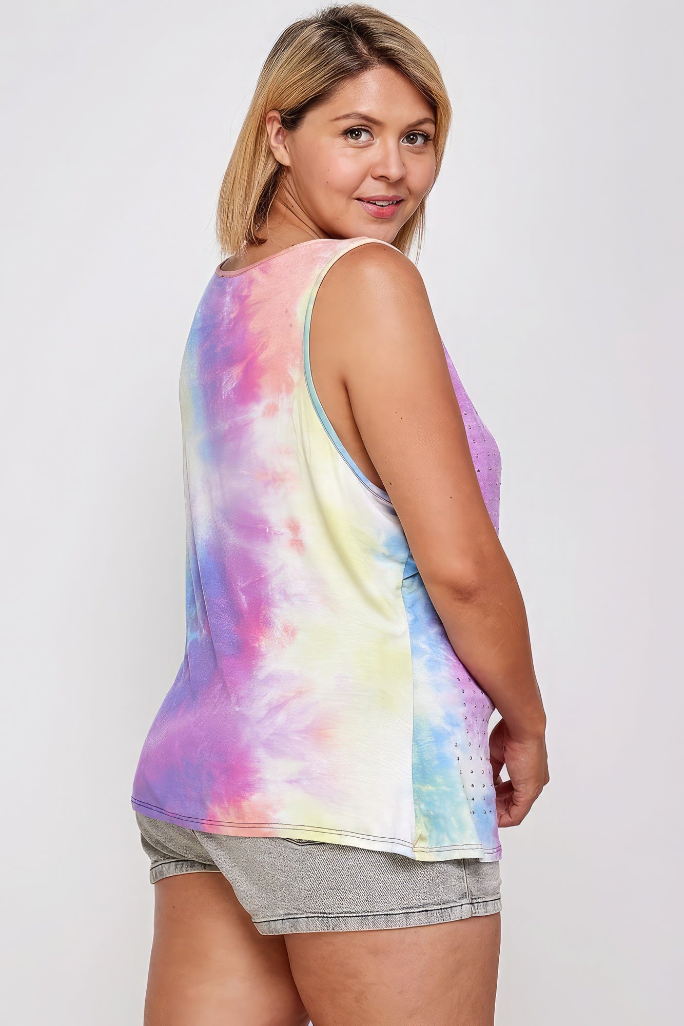 Tie Dye Tank With Studded Detail, Loose Fit, Easy Casual Wear - ThingsWeUseAndLove 