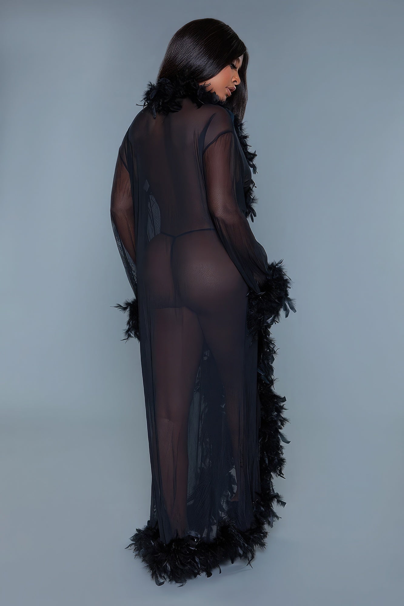 Sheer Full-length Robe With Chandelle Boa Feather Trim - ThingsWeUseAndLove 