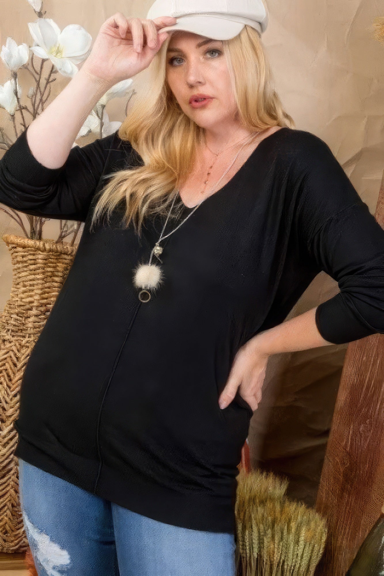 Plus Size V Neck 3/4 Sleeve Side Slit Hi-lo Sweater - ThingsWeUseAndLove 