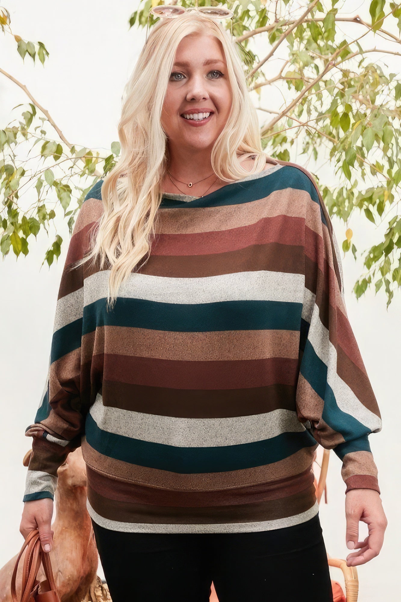 Boat Neck Long Bubble Sleeve Multi Stripe Print Knit Top - ThingsWeUseAndLove 