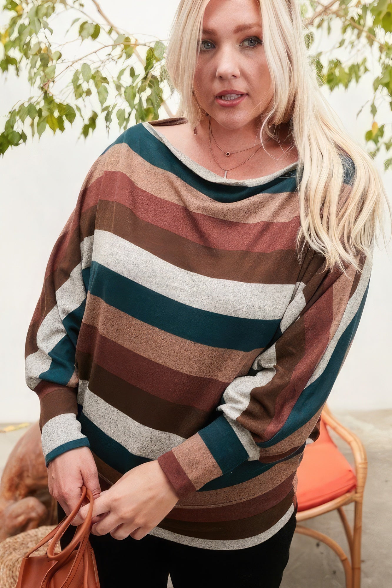 Boat Neck Long Bubble Sleeve Multi Stripe Print Knit Top - ThingsWeUseAndLove 