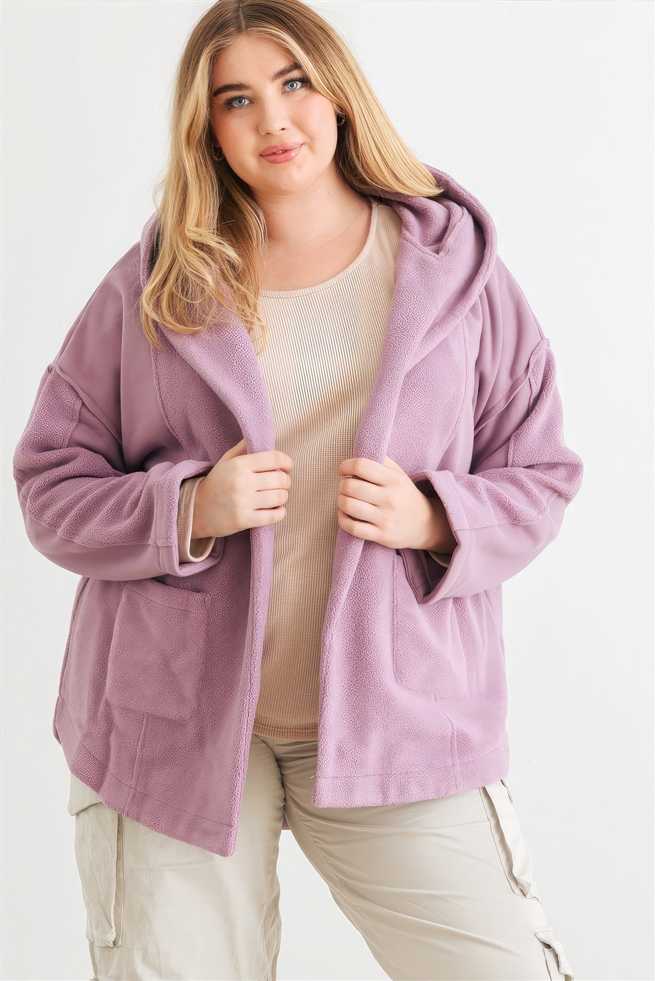 Plus Two Pocket Open Front Soft To Touch Hooded Cardigan Jacket - ThingsWeUseAndLove 