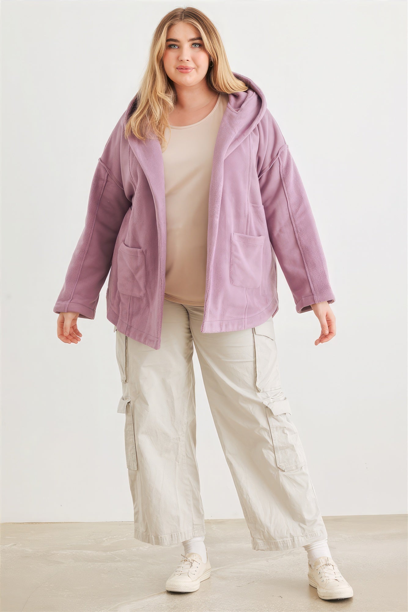 Plus Two Pocket Open Front Soft To Touch Hooded Cardigan Jacket - ThingsWeUseAndLove 