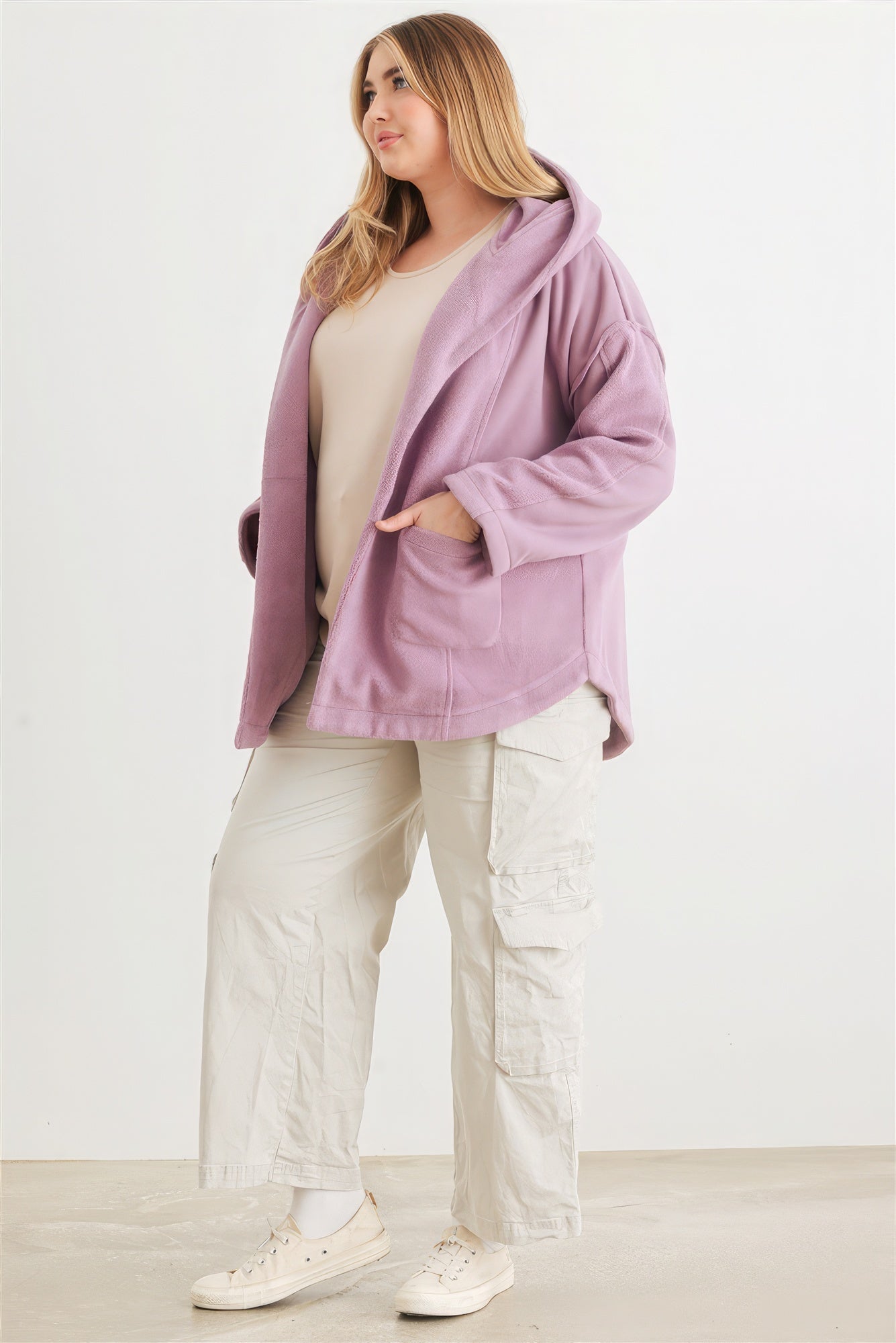 Plus Two Pocket Open Front Soft To Touch Hooded Cardigan Jacket - ThingsWeUseAndLove 