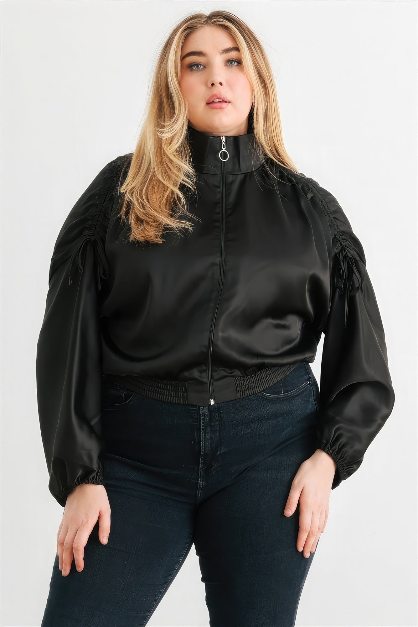 Plus Satin Zip-up Ruched Long Sleeve Cropped Bomber Jacket - ThingsWeUseAndLove 