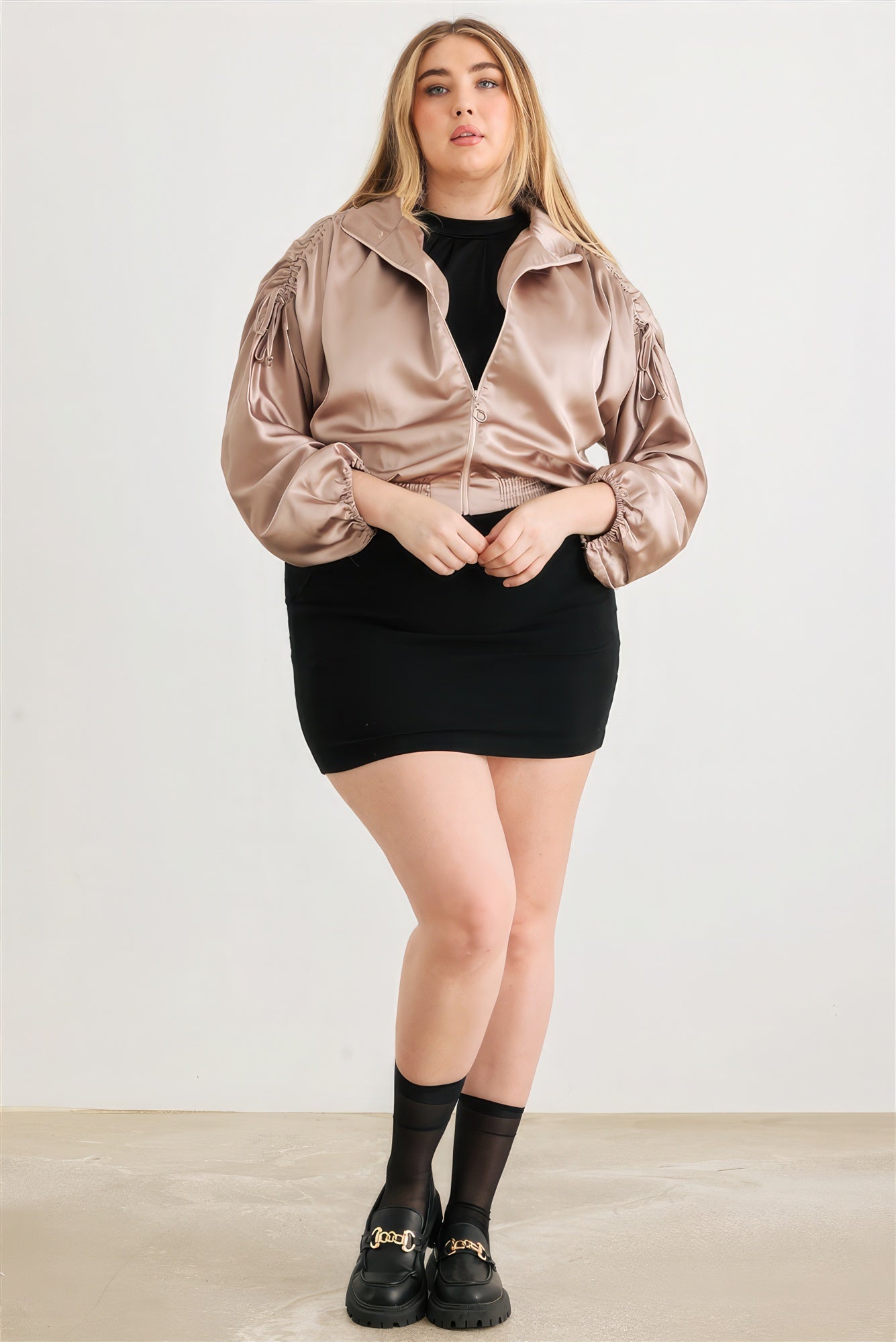 Plus Satin Zip-up Ruched Long Sleeve Cropped Bomber Jacket - ThingsWeUseAndLove 